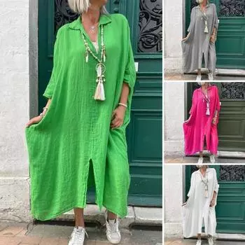 Женское платье с V-образным вырезом и разрезом подол, рукава три четверти, свободное платье больших размеров, сплошной цвет S зелёный