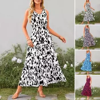 Женское платье с V-образным вырезом, эластичным высоким цветочным принтом, свободным подолом, лоскутным воротником, трапециевидным принтом, сарафан на талии без рукавов M чёрный