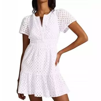 Женское платье с V-образным вырезом и короткими рукавами, трапециевидным вырезом, кружевом, чистый цвет, с рюшами, с узкой талией S белый