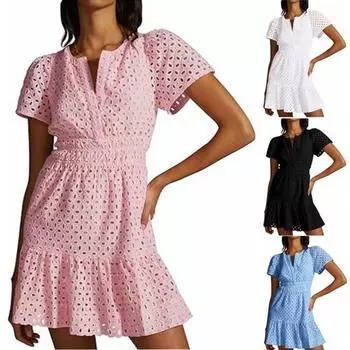 Женское платье с V-образным вырезом и короткими рукавами, ажурное кружево, однотонное, плиссированное, с высокой талией, в стиле пэчворк M светло-синий