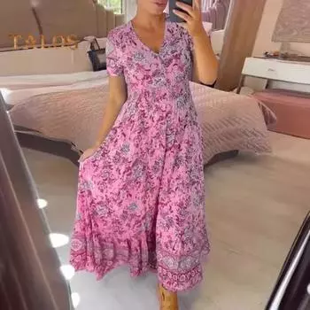 Женское платье с v-образным вырезом и цветочным принтом, высокой талией, рюшами и краями, трапециевидной формы, с большим распашным краем, плиссированное платье длиной до щиколотки, пляжное платье макси для свиданий 2XL зелёный