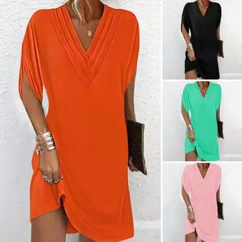 Женское платье с v-образным вырезом, плиссированное, с рукавами «летучая мышь», однотонное, свободное, мягкое, дышащее, мини-платье выше колена для поездок на работу S армия зеленый