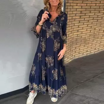 Женское платье с v-образным вырезом в богемном стиле с цифровым принтом трапециевидной формы, большие свободные плиссированные длинные рукава, пляжное платье макси для отпуска L темно-синий