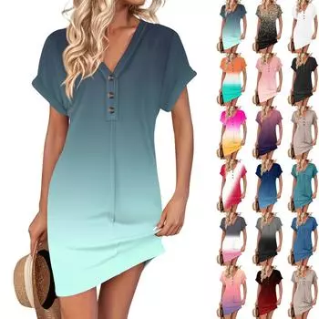 Женское платье с V-образным вырезом и пуговицами с коротким рукавом, повседневные летние платья-туники, свободное платье L чёрный