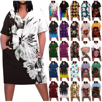 Женское платье с V-образным вырезом и коротким рукавом. Летние платья. Платье-рубашка с принтом и карманом. XXXL