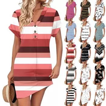 Женское платье с V-образным вырезом и пуговицами с коротким рукавом, повседневные летние платья-туники, свободное платье XL хаки