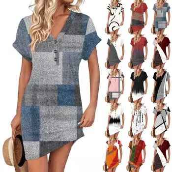 Женское платье с V-образным вырезом и пуговицами с коротким рукавом, повседневные летние платья-туники, свободное платье L бежевый