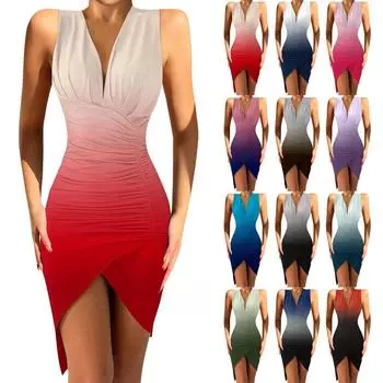 Женское платье с V-образным вырезом и разрезом, элегантное платье миди с рюшами для коктейльной вечеринки, банкетное платье S