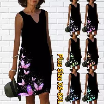 Женское платье с V-образным вырезом, летние толпы фиолетовых бабочек с цветочным принтом, повседневное платье без рукавов, модное повседневное свободное сексуальное платье размера плюс XS-8XL XS фиолетовый