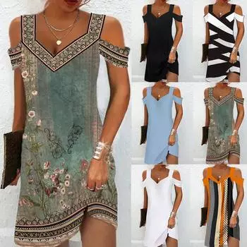 Женское платье с V-образным вырезом и открытыми плечами, винтажное повседневное платье с принтом, однотонное платье для женщин L чёрный