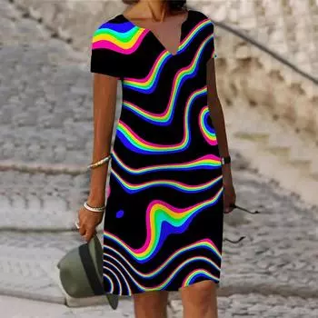 Женское платье с v-образным вырезом, летнее радужное платье с волнистым принтом, повседневное модное платье без рукавов, повседневное свободное сексуальное платье размера плюс XS-8XL XS синий