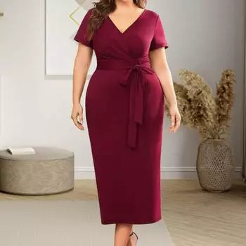 Женское платье с V-образным вырезом размера плюс с коротким рукавом с поясом и узкой талией, однотонное платье-футляр, облегающее платье длиной до середины икры, мягкое вечернее платье, официальное платье миди L вино красного