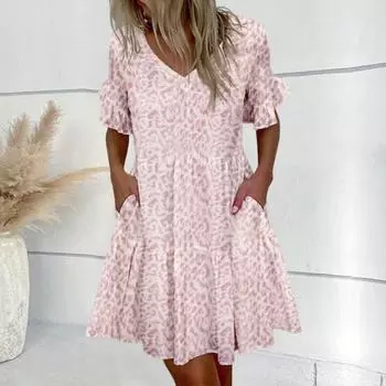 Женское платье с V-образным вырезом и трапециевидным вырезом, свободный подол, с принтом, в стиле пэчворк, с короткими рукавами, боковые карманы, плиссированные, с рюшами, повседневное S белый