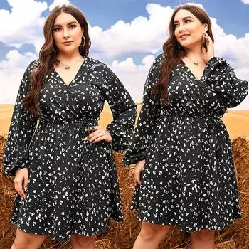 Женское платье с v-образным вырезом и длинным рукавом с цветочным принтом, с высокой талией, тонкое, удобное, дышащее, легкое платье, повседневное модное платье среднего размера, больших размеров L чёрный
