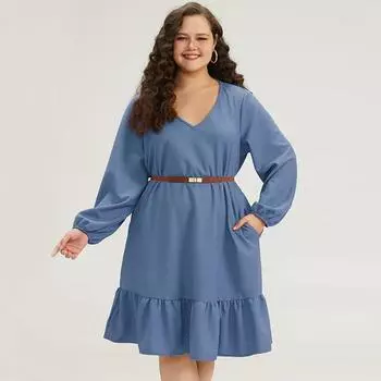 Женское платье с v-образным вырезом и длинными рукавами и высокой талией, женское элегантное темпераментное модное повседневное праздничное платье размера плюс, свободное синее платье XL синий