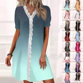 Женское платье с V-образным вырезом и коротким рукавом, повседневные летние платья, свободное платье L чёрный