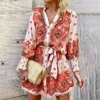 Женское платье с v-образным вырезом и длинным рукавом, однобортное кружевное мини-платье трапециевидной формы с цветочным принтом и узкой талией на шнуровке S красный