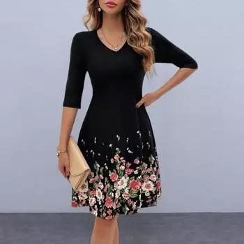 Женское платье с V-образным вырезом и цветочным принтом A-Line Bige Hem с длинным рукавом Slim Fit Дышащая длина до колена S фиолетовый