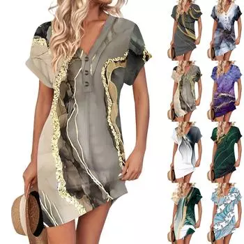 Женское платье с V-образным вырезом и пуговицами с коротким рукавом, повседневные летние платья-туники, свободное платье L