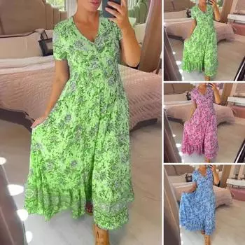 Женское платье с v-образным вырезом и цветочным принтом, высокой талией, рюшами и краями, трапециевидной формы, с большим распашным краем, плиссированное платье длиной до щиколотки, пляжное платье макси для свиданий 3XL светло-синий