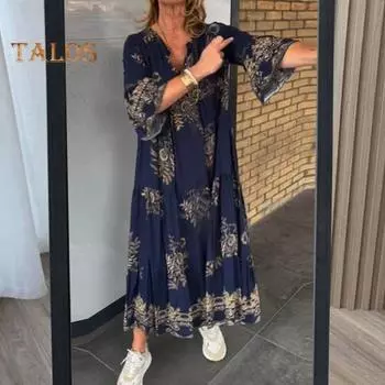 Женское платье с v-образным вырезом в богемном стиле с цифровым принтом трапециевидной формы, большие свободные плиссированные длинные рукава, пляжное платье макси для отпуска L темно-синий