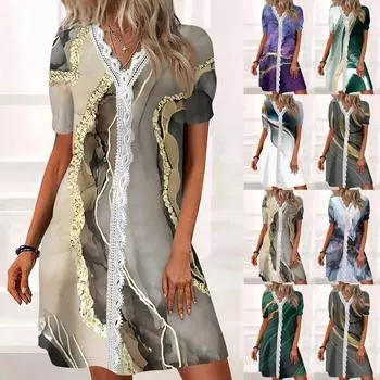 Женское платье с V-образным вырезом и коротким рукавом, повседневные летние платья, свободное платье L