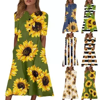 Женское платье с v-образным вырезом и короткими рукавами, повседневное платье с принтом и карманами L армия зеленый