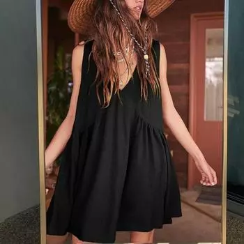 Женское платье с v-образным вырезом без рукавов, свободное однотонное лоскутное плиссированное трапециевидное платье с большим подолом, мягкое пляжное длиной выше колена XL синий