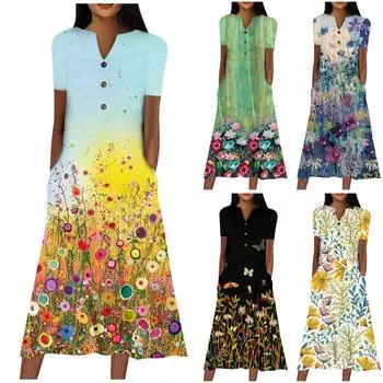 Женское платье с v-образным вырезом и короткими рукавами, повседневное платье с принтом в горошек и карманами M чёрный