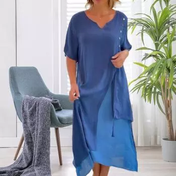Женское платье с v-образным вырезом и короткими рукавами и пуговицами свободного кроя, искусственное платье миди из двух частей с асимметричным подолом XL синий
