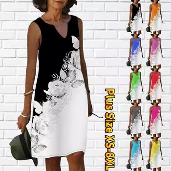 Женское платье с V-образным вырезом, летнее белое розовое платье с бабочкой и цветочным принтом, повседневное модное платье без рукавов, повседневные свободные сексуальные платья размера плюс XS-8XL XS чёрный