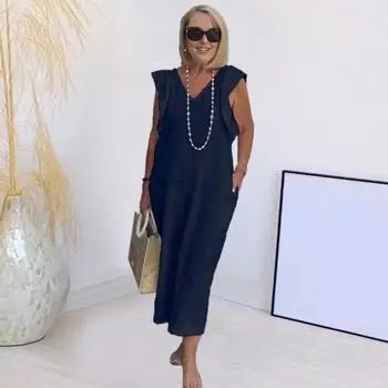 Женское платье с v-образным вырезом, свободное однотонное платье с летящими рукавами, богемные боковые карманы, мягкая дышащая длина до середины икры S белый