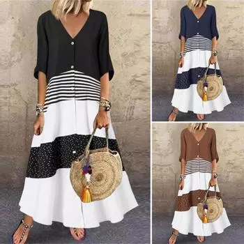 Женское платье с v-образным вырезом и половиной рукава, женское винтажное свободное длинное платье, свободное макси-платье 5XL темно-синий