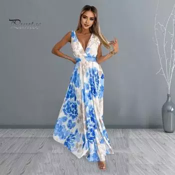 Женское платье с v-образным вырезом и принтом, повседневное платье макси без рукавов, элегантное длинное платье с высокой талией, летняя одежда для отпуска, повседневной жизни, пляжной вечеринки 2XL чёрный