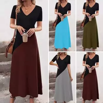 Женское платье с V-образным вырезом и трапециевидным вырезом, свободный подол, соответствующий цвету, в стиле пэчворк, свободные, с короткими рукавами, повседневное L зелёный