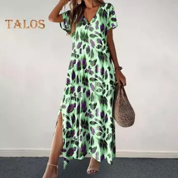 Женское платье с V-образным вырезом и контрастным цветным принтом с коротким рукавом и разрезом подол, свободное до щиколотки, повседневное мягкое дышащее пляжное платье макси для отдыха M хаки