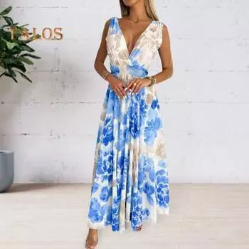 Женское платье с v-образным вырезом и принтом, повседневное платье макси без рукавов, элегантное длинное платье с высокой талией, летняя одежда для отпуска, повседневной жизни, пляжной вечеринки 2XL чёрный