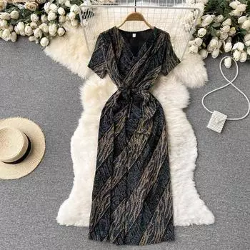 Женское платье с v-образным вырезом и высокой талией, тонкое бронзовое платье с надписью High Sense, тонкое темпераментное платье трапециевидной формы с запахом бедра, женское