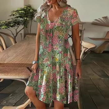 Женское платье с v-образным вырезом и коротким рукавом, плиссированное трапециевидное летнее повседневное платье с цветочным принтом и антипиллингом
