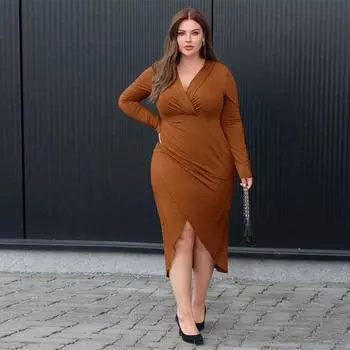 Женское платье с v-образным вырезом и длинным рукавом, высокой талией и разрезом, элегантное темпераментное модное пригородное платье размера плюс, тонкое однотонное платье на бедрах с запахом XL
