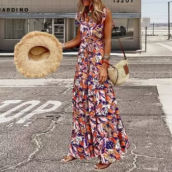 Женское платье с v-образным вырезом на шнуровке без рукавов, большое свободное женское платье макси для отпуска L красный/синий