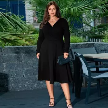 Женское платье с v-образным вырезом и длинным рукавом с высокой талией, женское элегантное темпераментное модное повседневное вечернее платье размера плюс, тонкое черное платье, повседневная одежда XL чёрный