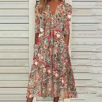 Женское платье с v-образным вырезом и половиной рукавом, карманы и пуговицы, декор, большой подол, женское винтажное вечернее платье трапециевидной формы с цветочным узором 2XL