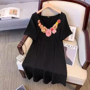 Женское платье с v-образным вырезом и принтом, с коротким рукавом и заниженной талией, простое короткое платье, летнее повседневное дышащее легкое мягкое платье, платье для отпуска, работы, плюс платье 2XL чёрный