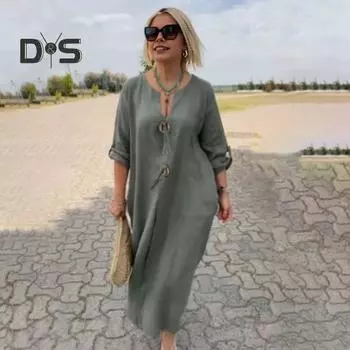 Женское платье с v-образным вырезом и пуговицами, декор с длинными рукавами, свободное однотонное платье размера плюс до середины икры, простой стиль, повседневное платье миди M абрикосовый