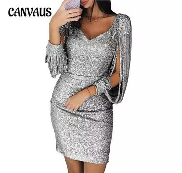 Женское платье с V-образным вырезом и блестящей бахромой, длинные рукава