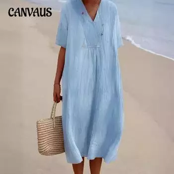 Женское платье с v-образным вырезом, удобные повседневные однотонные хлопковые льняные платья с короткими рукавами S синий