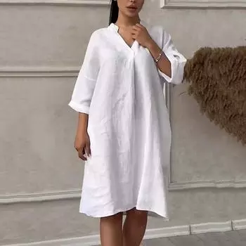 Женское платье с V-образным вырезом, девятое трапециевидное свободное, с однотонными рукавами, боковыми карманами, пуловер длиной до колена, повседневный миди L чёрный