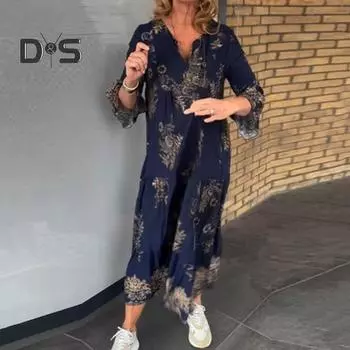 Женское платье с v-образным вырезом в богемном стиле с цифровым принтом трапециевидной формы, большие свободные плиссированные длинные рукава, пляжное платье макси для отпуска L темно-синий