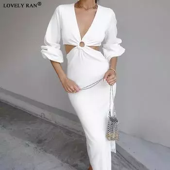 Женское платье с v-образным вырезом и разрезом, высокой талией, длинным рукавом, юбка до середины икры с открытой талией, женские весенние сексуальные модные платья S чёрный